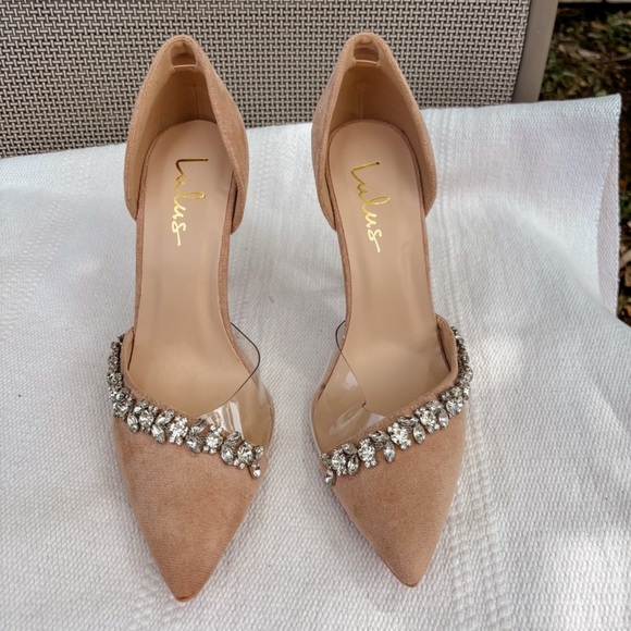 Lulus Shoes - Kastra Light Nude Suede Rhinestone Pointed-Toe Pumps size 8
